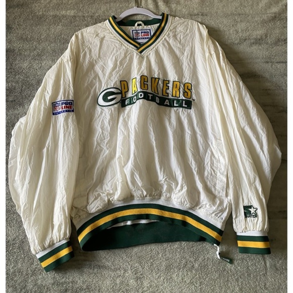 Vintage Starter NFL Pro Line Green Bay Packers Windbreaker Pullover White Mens L